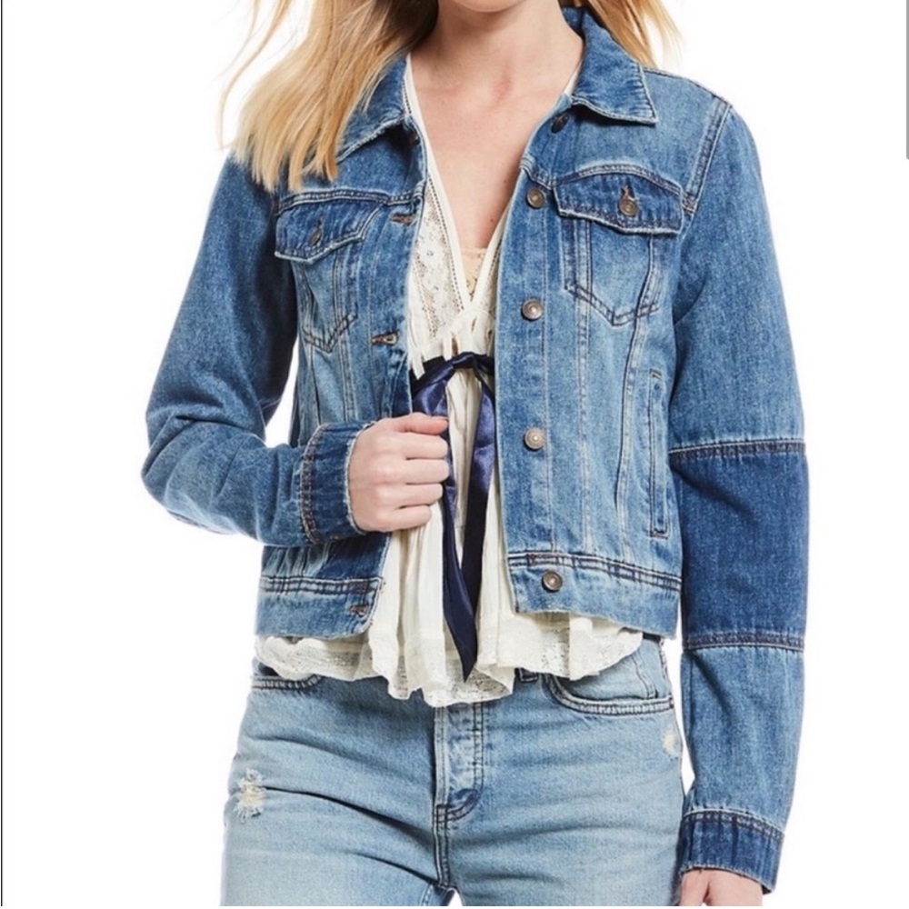 Free People Rumors Blue Denim patchwork Women's cropped Jean Jacket S